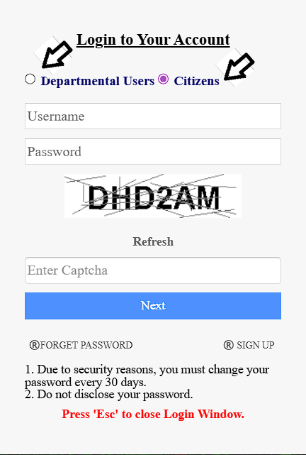 Select user type - Citizen or Departmental User